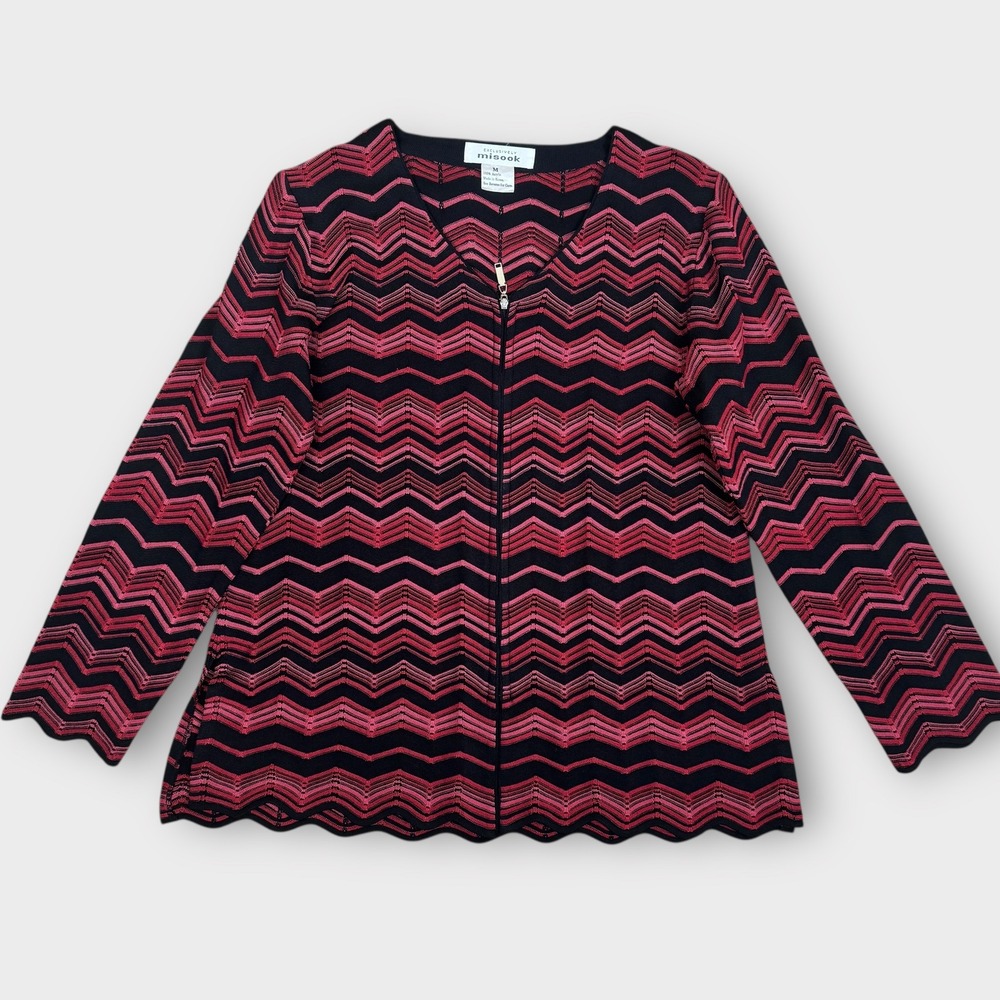 Misook Heritage Black Pink Chevron Zigzag Zip Front Knit Cardigan Jacket Medium